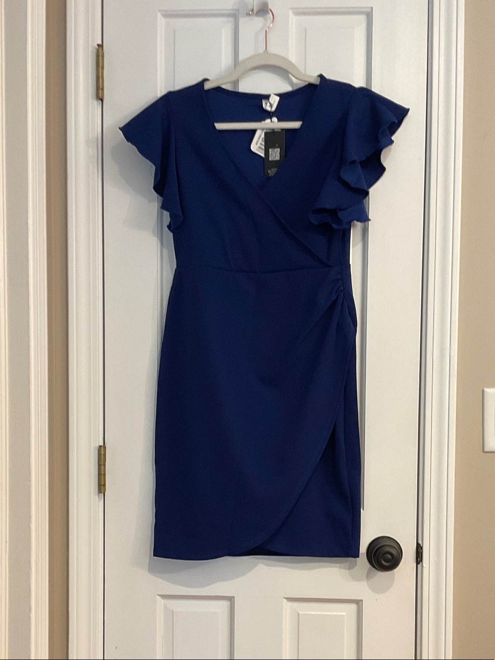 Navy Ruffle-Sleeve Wrap Midi Dress